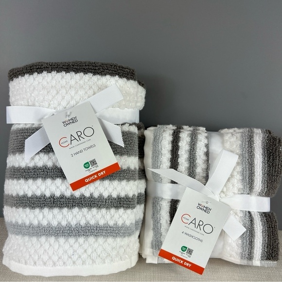 Set of 6 Caro Home 2 Hand Towels 4 Washclothes Gray White Stripes Cotton NEW - Picture 1 of 8